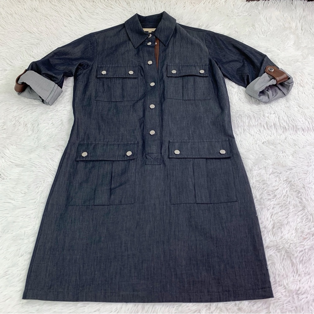 Michael Kors Made in Italy chambray Shirt Dress with leather trim metal button